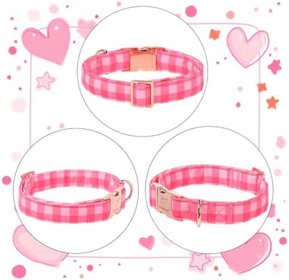 Pink Checkerboard Dog Collar, Classic Girly Plaid Dog Collars, Adjustable Heavy Duty Girl Dogs Collar for Small Medium Large Dogs with Metal Buckle M