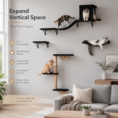 Wall Mounted Cat Furniture Set of 4 – 4 in 1 Cat Wall Shelves with Hammock, Bridge, Climbing Tree & Perch – Shelves for Large Cats, Holds Up to 30 lbs, Indoor Playground