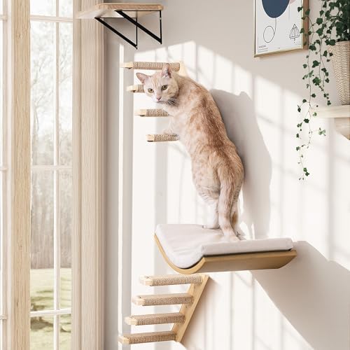 4-PCS Cat Wall Shelves with Curved Bed, Flat Shelf and 2 Four-Step Ladders