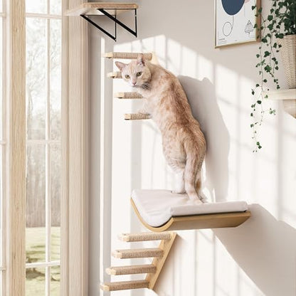 4-PCS Cat Wall Shelves with Curved Bed, Flat Shelf and 2 Four-Step Ladders