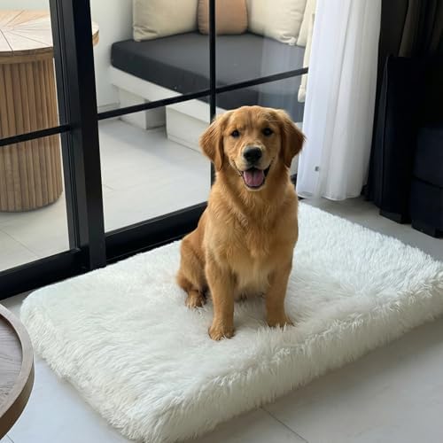 Faux Fur Orthopedic Rectangular Dog Bed, Memory Foam, White XLarge 47"x29"