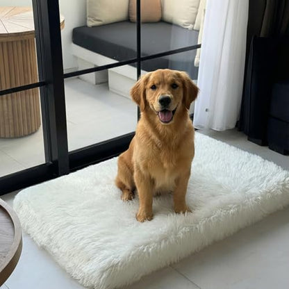 Faux Fur Orthopedic Rectangular Dog Bed, Memory Foam, White XLarge 47"x29"