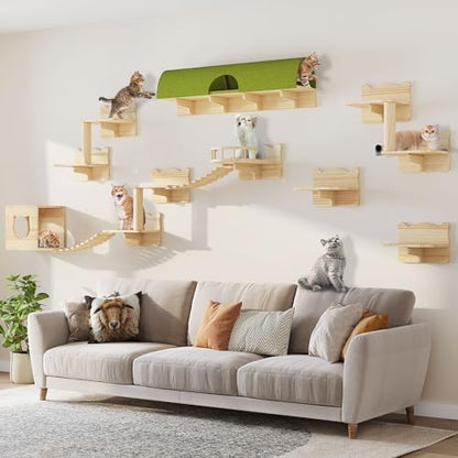 Cat Wall Shelves, 16-in-1 Cat Wall Furniture Set w/Tunnel & Bridge