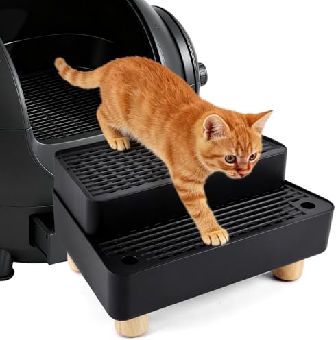 Adjustable Litter Box Step, Cat Litter Box Ramp/Catcher with Wooden Feet