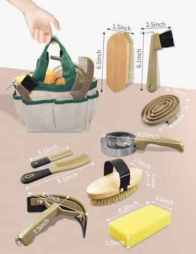Professional 10 Pieces Horse Grooming Kit with Tote Bag, Horse Brush & Curry Comb Set for Effective Grooming and Bathing, Equine Coat Care Tack Room Supplies, Horse Gifts for Girls
