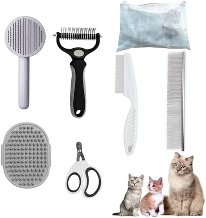 Cat Grooming Brush Kit 6 Tools - Deshedding & Dematting for Long/Short Hair, Self-Cleaning Slicker Brush with 6-in-1 Flea Comb for Cats & Kittens (White)