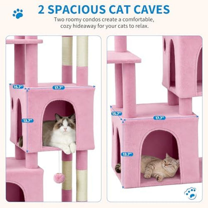 Garvee 61" Multi-Level Cat Tree for Indoor Cats, Heavy-Duty Tower for Large Adult & Maine Coon Cats with Extra-Large Perch, 2 Spacious Condos, Natural Sisal Scratch Posts & Play Toys – Pink