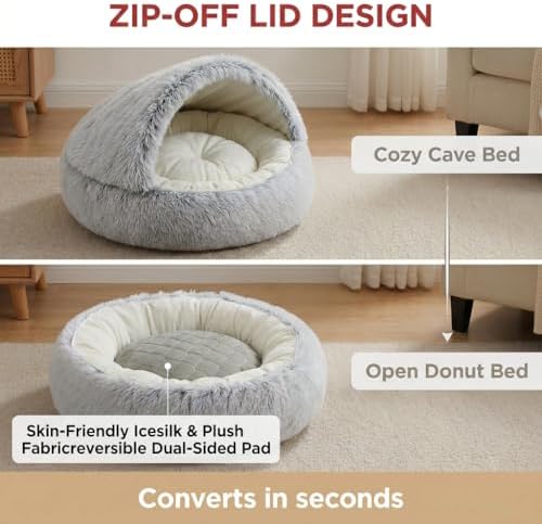 2-in-1 Convertible Cat & Dog Bed Cave with Removable Zipper Hood, Converts to Calming Donut Bed, Reversible Plush & Cooling Ice Silk Cushion (Grey, 19.7 in Small Size)