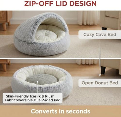 2-in-1 Convertible Cat & Dog Bed Cave with Removable Zipper Hood, Converts to Calming Donut Bed, Reversible Plush & Cooling Ice Silk Cushion (Grey, 19.7 in Small Size)