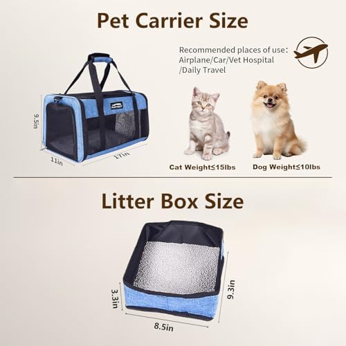 Pet Carrier Airline Approved, Soft Sided Cat Carrier for Small Pets up to 13 lbs, TSA Approved Dog Travel Bag, Portable Soft Sided Pet Carrier for Kittens and Puppies (Blue, Travel Litter Box)