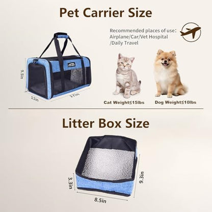 Pet Carrier Airline Approved, Soft Sided Cat Carrier for Small Pets up to 13 lbs, TSA Approved Dog Travel Bag, Portable Soft Sided Pet Carrier for Kittens and Puppies (Blue, Travel Litter Box)
