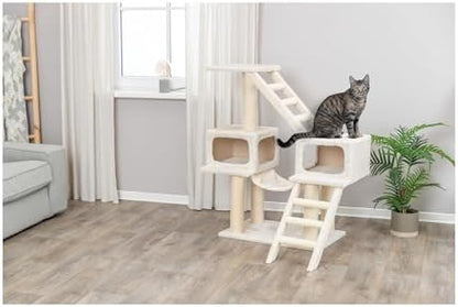 TRIXIE Malaga Cat Tower – Cat Tree with Extra-Thick Sisal Posts, Caves, Platforms & Hammock – Durable Cat Furniture for Indoor Cats – Beige, 18" x 28" x 43"