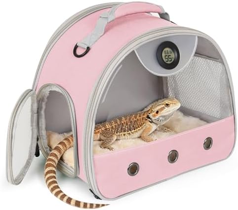 Bearded Dragon Carrier, Reptile Travel Bag with Built-in Thermometer Hygrometer, Breathable Small Animal Carrier with Clear View Window, Portable Guinea Pig Carrier for Gecko, Snake, Hamster