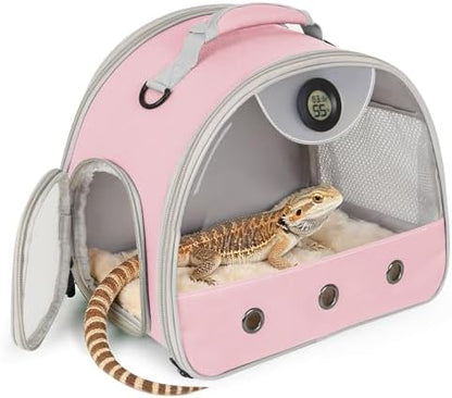 Bearded Dragon Carrier, Reptile Travel Bag with Built-in Thermometer Hygrometer, Breathable Small Animal Carrier with Clear View Window, Portable Guinea Pig Carrier for Gecko, Snake, Hamster
