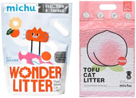 Michu Tofu Cat Litter Natural Clumping Tofu Cat Litter 5.5lb/88oz 5 Scents (Peach + Wonder Litter, 2 Pack)