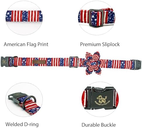 Independence Dog Collar, Patriotic Pet Collar with Flower American 4th of July Holiday Pet Sturdy Cotton Soft Flower Dog Boy Girl Adjustable Collars for X-Small Puppy