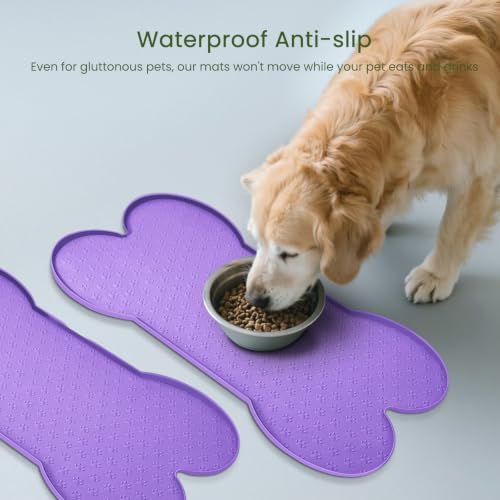 PWTAA Dog Food Mat Anti-Slip Silicone Dog Bowl Mat Thicker Pet Placemat Waterproof Cat Feeder Pad with Raised Edge Puppy Kitten Feeding Mats Suitable Small Medium-Sized Dogs Cats Eating Tray - 2PCS