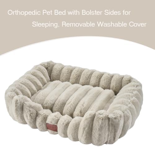 Luxury Dog Beds,Large Sized Dog Washable Furry Pet Beds,Comfort Rectangle Pet Sofa Couch with Ultra,Puppy Beds with Removable Zipper Cover,30x25x7.5inches,Cream
