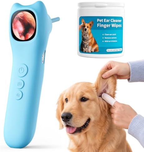 Pet Ear Camera Cleaning Kit with Screen, Dog & Cat Ear Cleaner with 50 Finger Wipes, Gentle Soft Otic Ear Cleaning Pads, Helps Clean Dirt, Wax & Odor-Causing Buildup, Non-Irritating, Blue