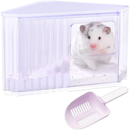 mini&moe Hamster Sand Bath Container - Small Animal Bathroom Shower Room Large Space Corner Digging Box with Cleaning Scoop Rat Dust Bath House for Guinea Pig, Hedgehog, Gerbil