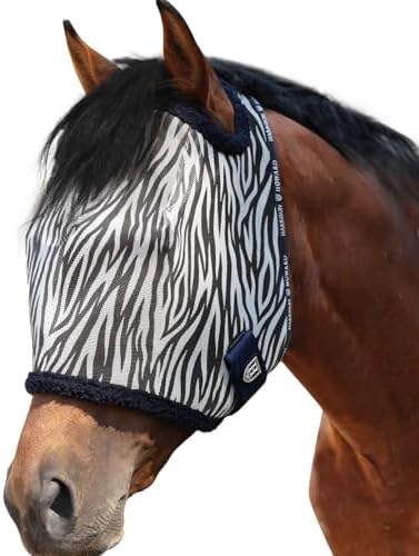 Harrison Howard All Round Mesh Horse Fly Mask UV Protective with Fleece Padded Edging and Fun Prints Forelock Opening Design Mask for Horse Zebra Medium