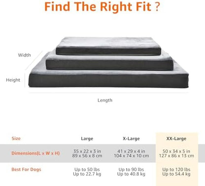 Amazon Basics Washable Dog Bed with Cooling Gel Memory Foam, Pressure-Relief Support for Dogs up to 120lbs, Non-Slip Bottom, Removable Cover, Giant Sized (50" x 34"), Grey