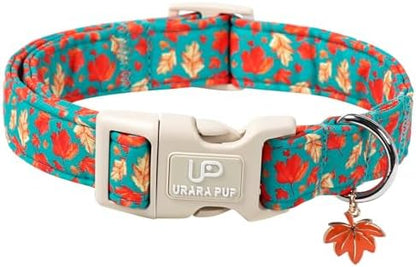 Fall Dog Collar for Small Medium Large Dogs-Adjustable Autumn Leaf Print Dog Collar with Maple Charm, Cute Seasonal Pet Collars with Quick Release, Soft Durable Puppy Collars