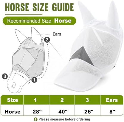 Dansydaisy Horse Fly Mask with Long Nose & Ears, Breathable Full Face Flymask, UV Block, 3D Eye Protection, for Quarter Horses, Warmbloods, Thoroughbreds, Other Standard Head-Type Horses(White)