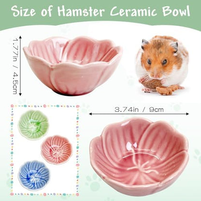 BNOSDM 2 Pcs Hamster Ceramic Food Bowl Flower Series Gerbil Drinking Bowls Anti-Turning Food & Water Dish for Dwarf Syrian Hamsters Gerbil Chinchilla（Pink, Narcissus Pattern）