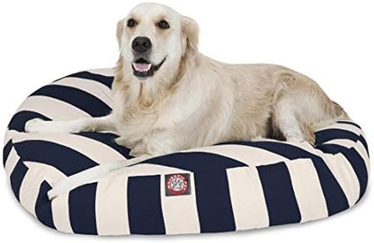 Navy Blue Vertical Stripe Large Round Indoor Outdoor Pet Dog Bed With Removable Washable Cover By Majestic Pet Products