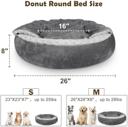 JOEJOY Small Dog Bed Cat Bed with Hooded Blanket, Cozy Cuddler Luxury Puppy Pet Bed, Donut Round Calming Anti-Anxiety Dog Burrow Cave Bed - Anti-Slip Bottom and Machine Washable 26 inch