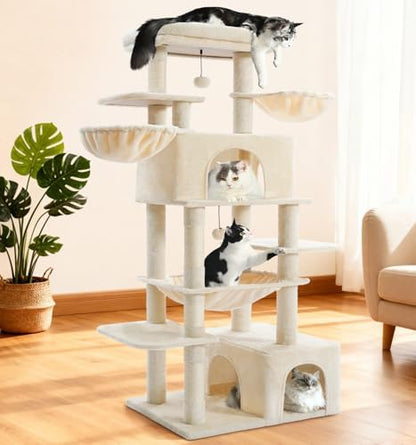 ABCPET Cat Tree Large Cat Tower Tree 68" Multi-Level Cat Tower for Indoor Cats with Sisal Scratching Posts, Widen Cat Perche, Square Hammock, 2 Widen Condos, Scratching Posts, Beige