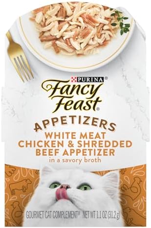 PURINA Fancy Feast Appetizers Lickable Grain Free Cat Food Topper White Meat Chicken and Shredded Beef Appetizer - (Pack of 10) 1.1 oz. Trays