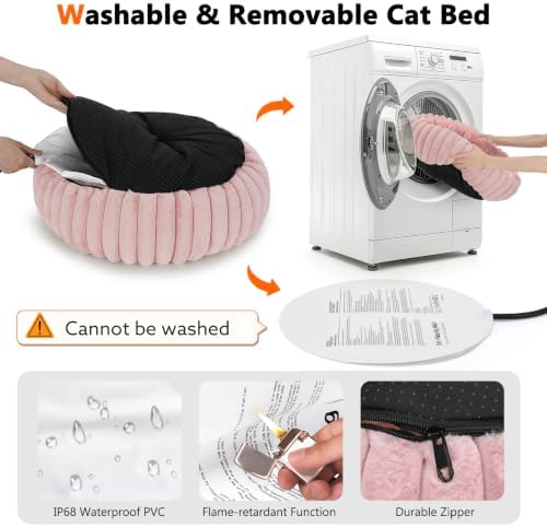 INVENHO Heated Cat Beds for Indoor Cats and Small Dogs, 20" Cozy Donut Heated Pet Bed with Timer & Temp Adjustable, Removable Waterproof Electric Warming Bed for Indoor Cat