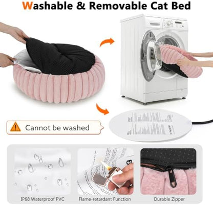 INVENHO Heated Cat Beds for Indoor Cats and Small Dogs, 20" Cozy Donut Heated Pet Bed with Timer & Temp Adjustable, Removable Waterproof Electric Warming Bed for Indoor Cat