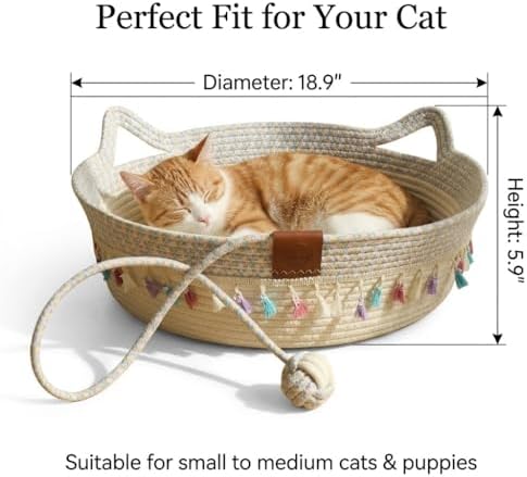 Cat Bed Basket with Play Ball - Cotton Rope Cat Beds for Indoor Cats, Kittens & Medium and Large Cat - Cat Scratching Bed with Decorative Tassels,18.9" L x 18.9" W x 6" Th
