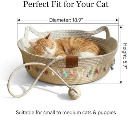 Cat Bed Basket with Play Ball - Cotton Rope Cat Beds for Indoor Cats, Kittens & Medium and Large Cat - Cat Scratching Bed with Decorative Tassels,18.9" L x 18.9" W x 6" Th