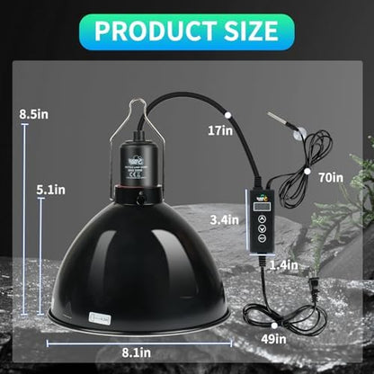 LUCKY HERP Reptile Light Fixture with Dimming Thermostat & Timer, Aluminum 8.5inch Dome Reptile Lamp Fixture, Heat Lamp Fixture for Reptile Bulb Basking Heat Bulb