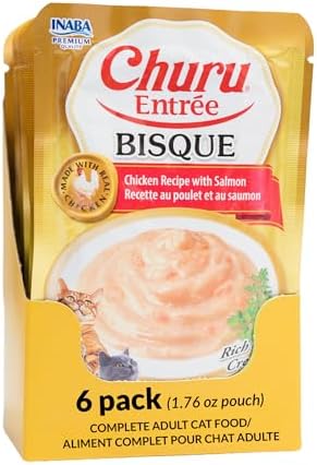 INABA Churu Entree Bisque Wet Cat Food, Chicken Salmon, 6ct