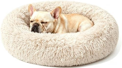 Calming Large Donut Dog and Cat Bed, Anti-Anxiety Round Soft Fluffy Plush Faux Fur Washable Anti-Slip Pet Bed for Medium Dogs Up to 35 lbs 28in Light-Brown