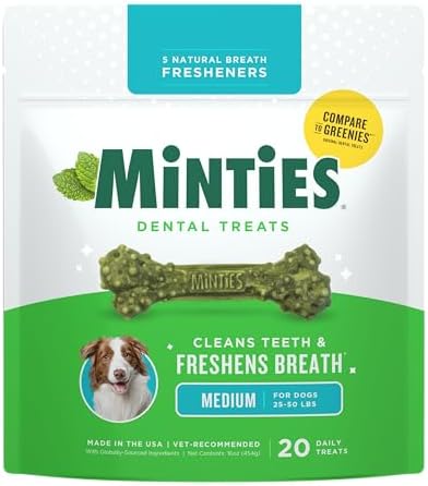 Minties Dental Chews for Dogs, 20 Count, Vet-Recommended Mint-Flavored Dental Dog Treats for Medium Sizes 25-50 lbs, Bones Clean Teeth, Fight Bad Breath, and Removes Plaque and Tartar