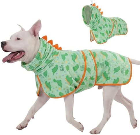 LovinPet 3-in-1 Dog Warm Winter Coat & Bathrobe, Green Dinosaur Fleece, M