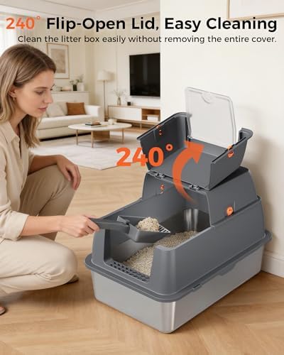 GTPLAYER XXL Stainless Steel Cat Litter Box with Lid, High Sided Enclosed Cat Litter Box, Activated Carbon Odor Control, Extra Large Metal Litter Box, Anti-Leak, with Mat, Scoop & Stickers, Gray