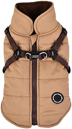 Puppia Mountaineer Winter Dog Coat with Integrated Harness No Pull Cold Weather Waterproof Warm Fleece Back Zipper for Small & Medium Dog, Beige, Medium