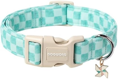 DOGWONG Green Dog Collar, Green Plaid Dog Collar Durable Checkered Pet Dog Collars Cute Summer Boy Puppy Necklace for Small Medium Large Dogs