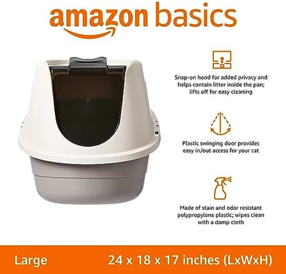 Amazon Basics No-Mess Hooded Enclosed Cat Litter Box with Odor Control and Swinging Door, Large, 24" x 18" x 17", Multicolor
