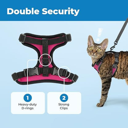 Voyager Escape-Proof Step-in Lock Cat Harness & 5ft Neoprene-Handle Leash Set All-Weather Mesh with Reflective Stitching for Small to Large Cats by Best Pet Supplies, Black Trim-Fuchsia (327), XXS