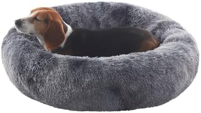 33 in Faux Fur Donut Dog Bed for Medium Plus Dogs,Tie-dye Grey