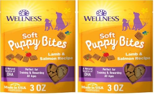 Wellness Soft Puppy Bites Dog Training Treats, Natural, Grain Free, Lamb and Salmon Recipe, 3 oz Bag (Pack of 2)