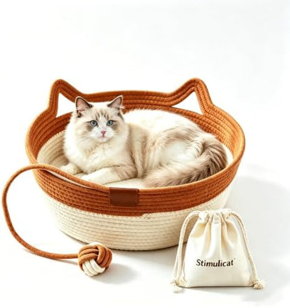 Handwoven Cat Basket Bed, Natural Cotton Rope Cat Bed with Hanging Ball Toy, Breathable Woven Cat Nest,Scratchable Basket for Sleeping, Playing and Relaxing (Large(15-31lbs |19" Wide))
